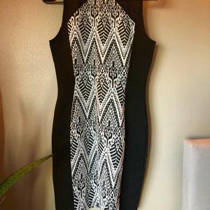 form fitting/flattering black and print dress